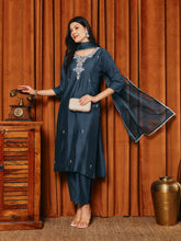 Embroidered Cotton Blend Kurta With Pants & Dupatta